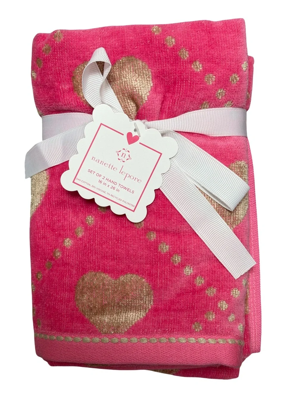 Nanette Lepore NWT Stunning Bold Pink & Gold Heart Accent Soft Plush Towel Set